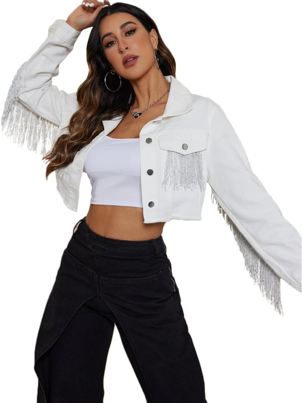 Women’s White Crop Denim Lightweight Jacket Tassel Casual Jean Coat With Fringe